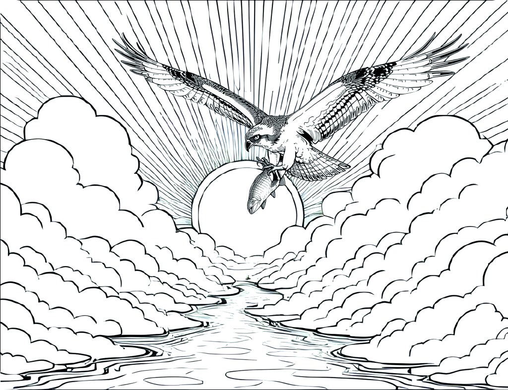 A detailed black and white illustration of an Osprey flying with a fish in its talons, set against a backdrop of clouds and sun rays, with a river flowing below.