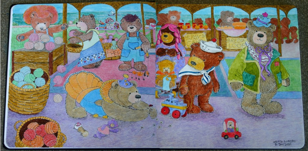 A colorful illustration of a teddy bear market featuring cartoon bears engaging in various activities, including shopping and playing. The scene includes baskets of yarn, a bear in a sailor hat, and a lively atmosphere with toys and goods on display.